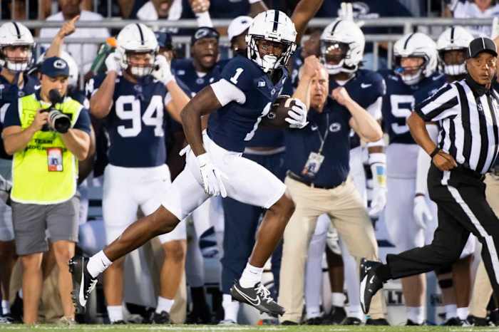 Penn State wide receiver KeAndre Lambert-Smith runs to the end zone for a 72-yard touchdown against West Virginia at Beaver Stadium September 2, 2023, in State College.